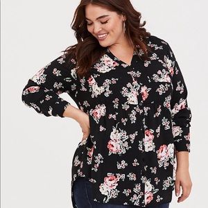 Torrid Black Floral Print Long Sleeve Button Front Babydoll Blouse Sz 2X